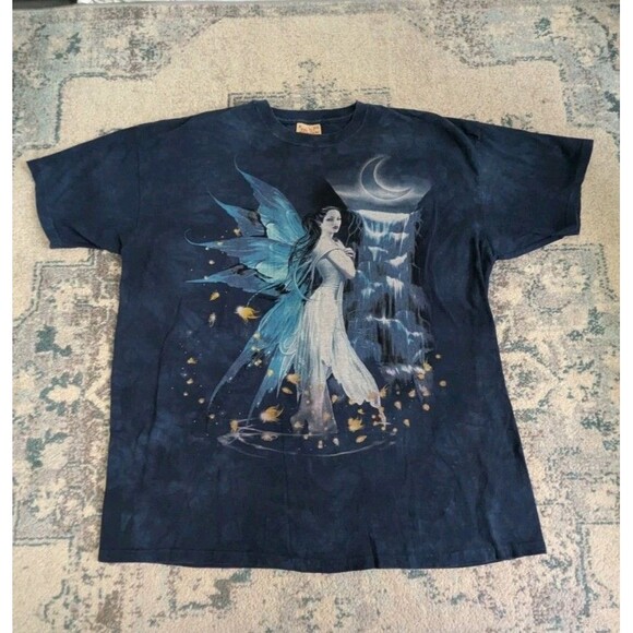 VTG Y2K Mens 3XL Blue Dyed The Mountain Waterfall Fairy Moon Nature T-Shirt XXXL - Picture 1 of 10